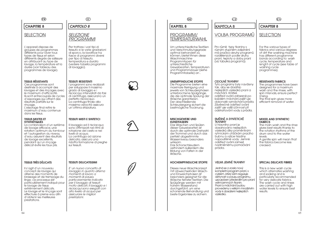 Hoover WDYN PG manual Selection, Selezione Programmi, Volba Programå 