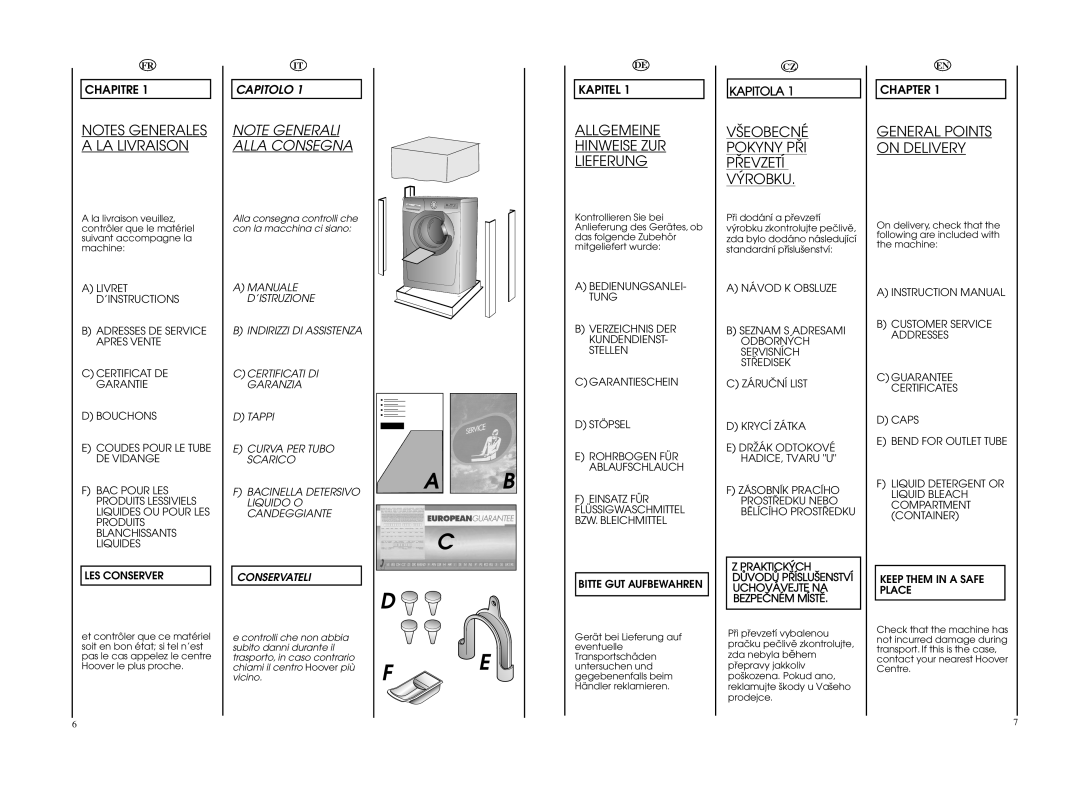 Hoover WDYN PG manual Allgemeine Hinweise ZUR Lieferung, Väeobecné Pokyny PÜI Püevzetí Vÿrobku, Capitolo 