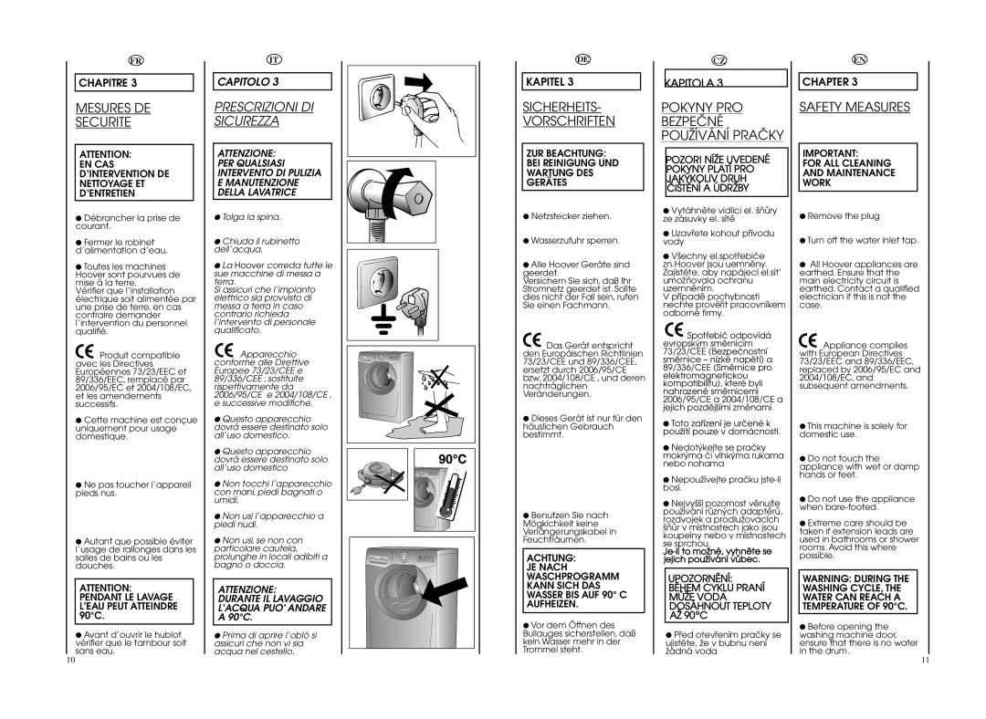 Hoover WDYN PG manual Mesures DE Securite, Prescrizioni DI Sicurezza, Sicherheits Vorschriften, Safety Measures 