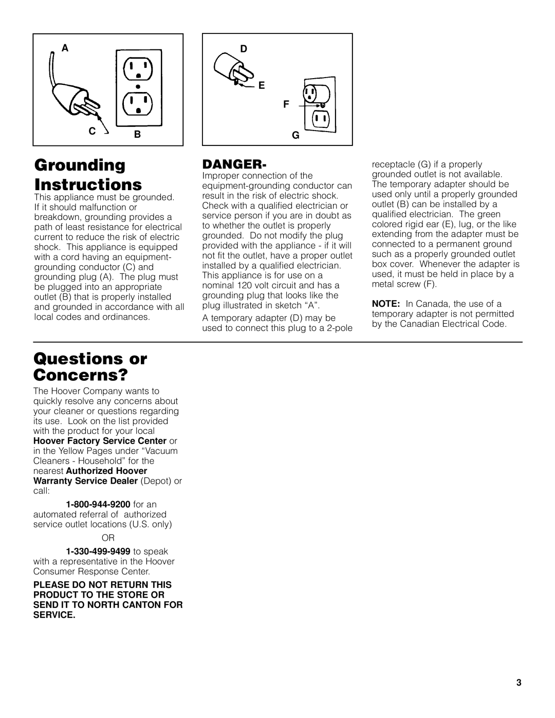 Hoover Wet/Dry Vacuum cleaner owner manual Grounding Instructions, Questions or Concerns? 