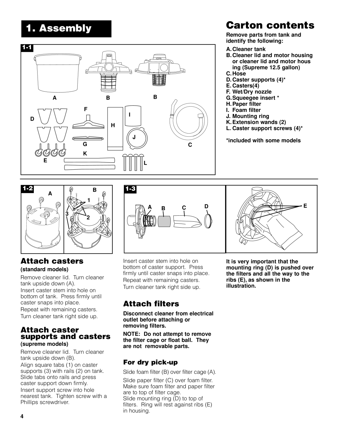 Hoover Wet/Dry Vacuum cleaner owner manual AssemblyCarton contents 