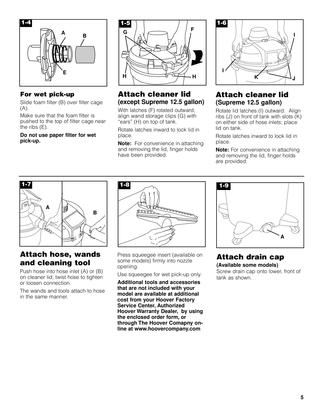 Hoover Wet/Dry Vacuum cleaner owner manual Attach cleaner lid, Attach hose, wands and cleaning tool, Attach drain cap 