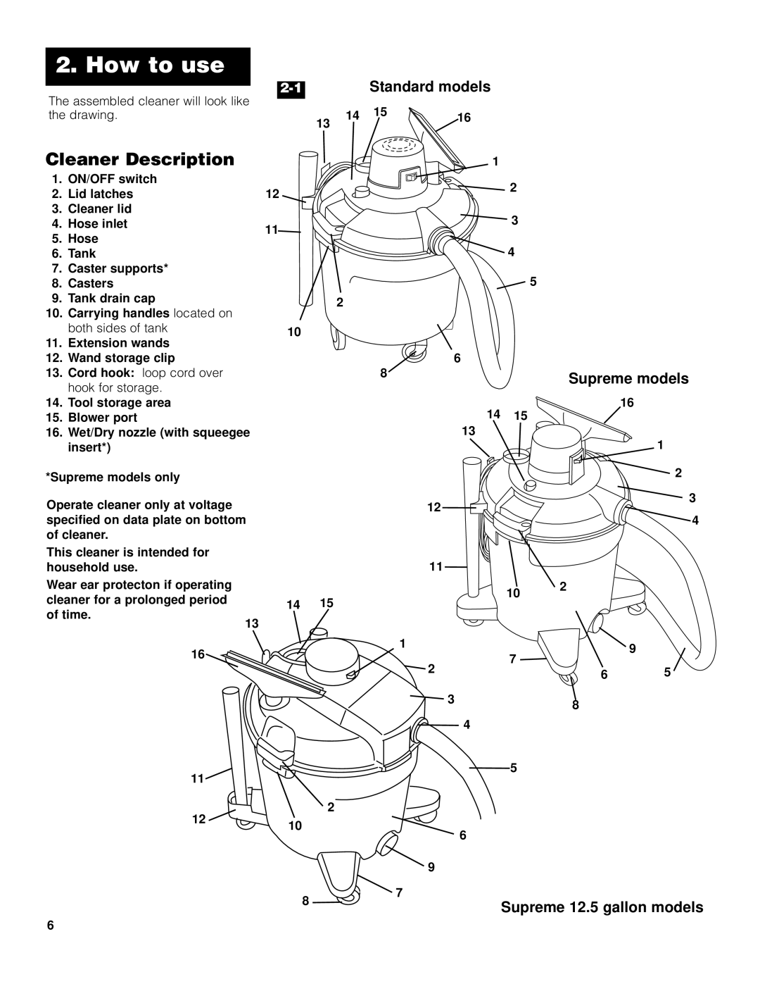 Hoover Wet/Dry Vacuum cleaner owner manual Cleaner Description, Standard models, Supreme models, Supreme 12.5 gallon models 