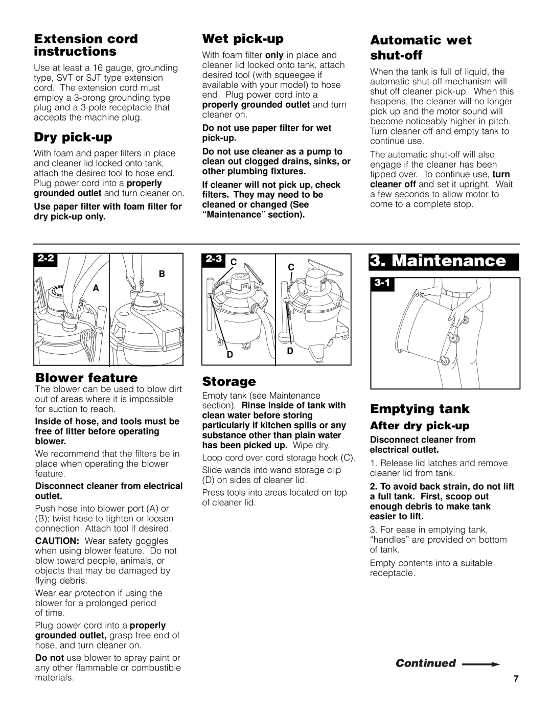 Hoover Wet/Dry Vacuum cleaner Extension cord instructions, Dry pick-up, Wet pick-up, Automatic wet shut-off, Storage 