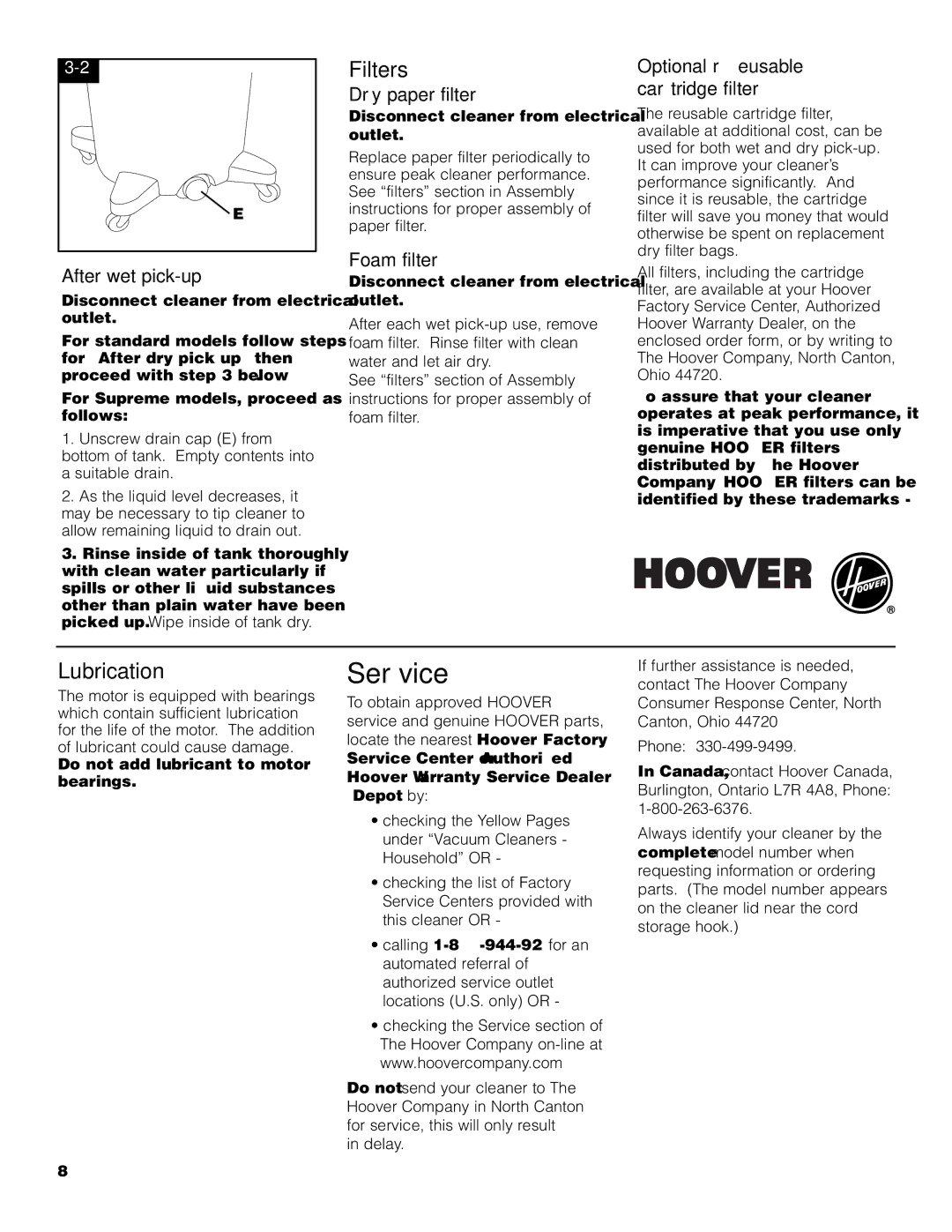 Hoover Wet/Dry Vacuum cleaner owner manual Service, Filters, Lubrication 