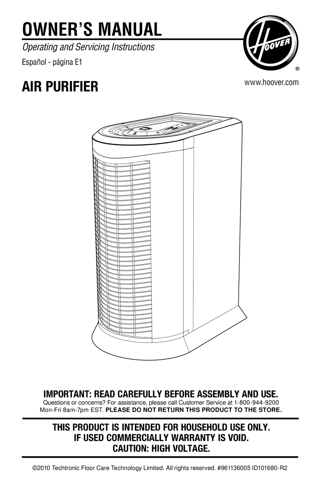 Hoover WH10100 owner manual AIR Purifier, If Used Commercially Warranty is Void 