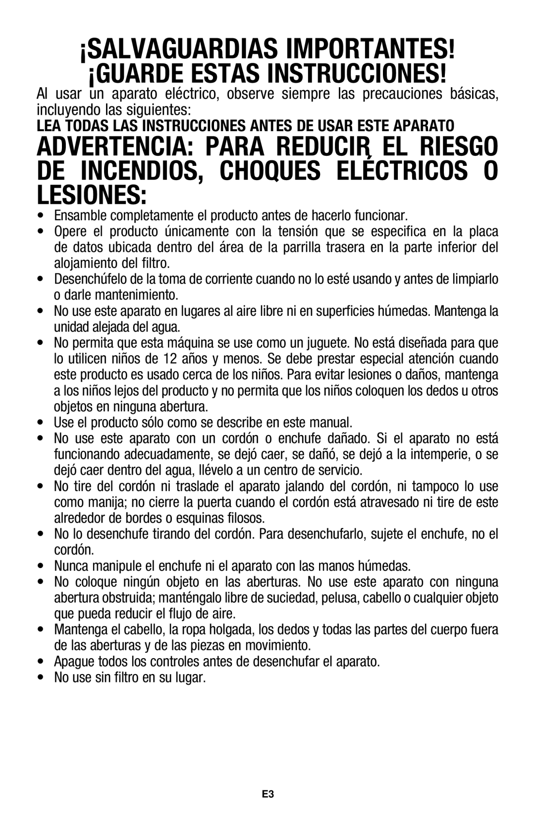 Hoover WH10100 owner manual ¡SALVAGUARDIAS IMPORTANTES! ¡GUARDE Estas Instrucciones 