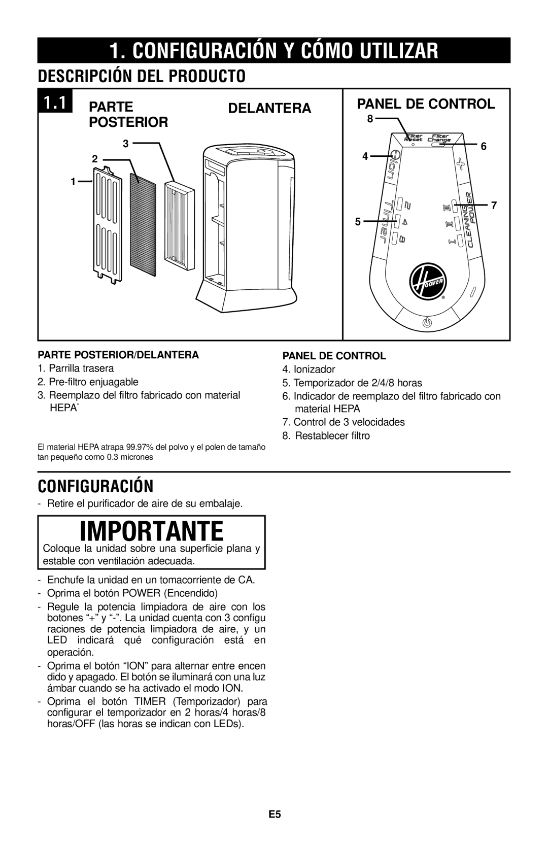 Hoover WH10100 owner manual Importante, Configuración Y Cómo Utilizar, Descripción DEL Producto 