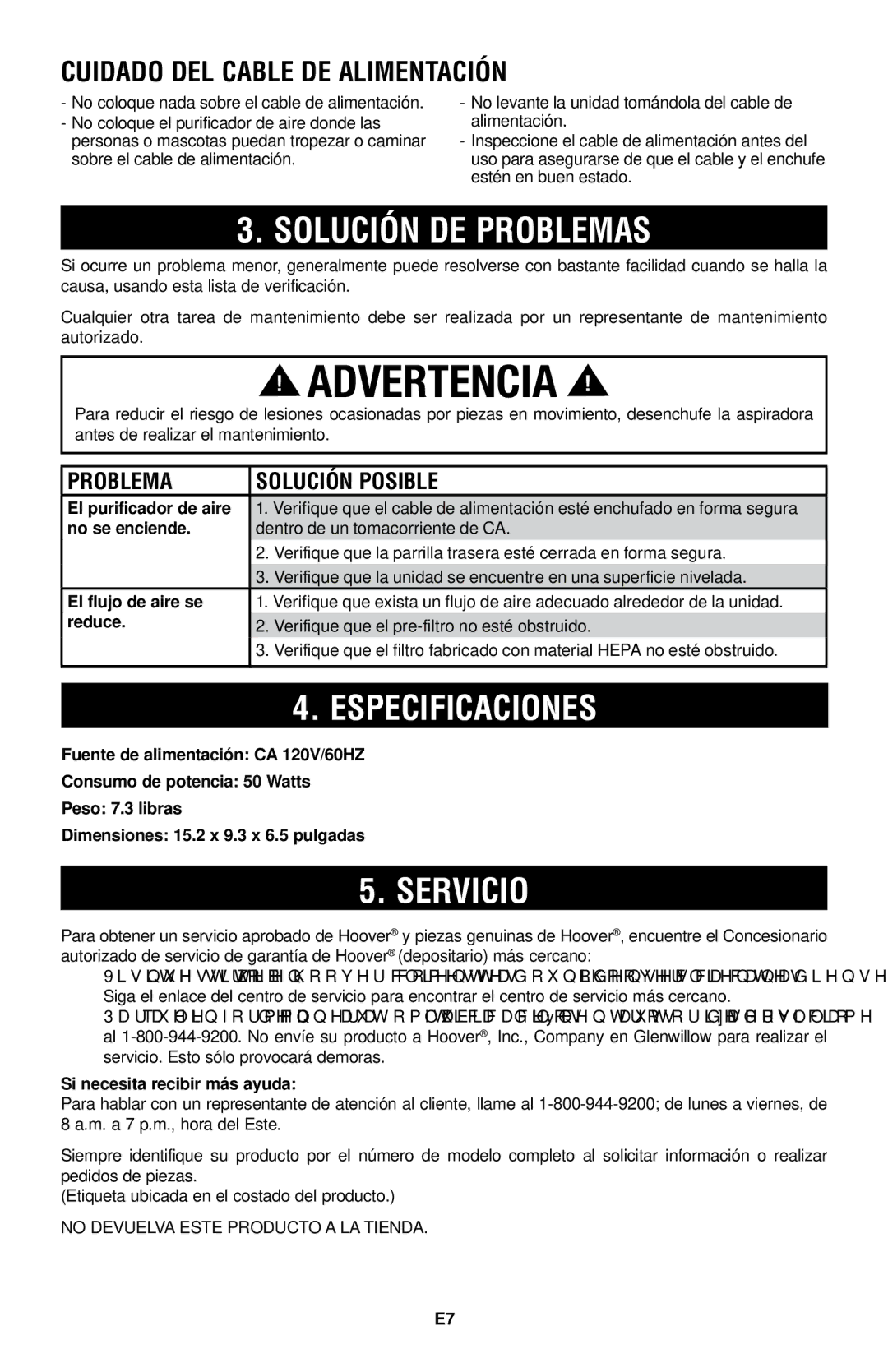 Hoover WH10100 owner manual Solución de problemas, Especificaciones, Servicio, Cuidado DEL Cable DE Alimentación 