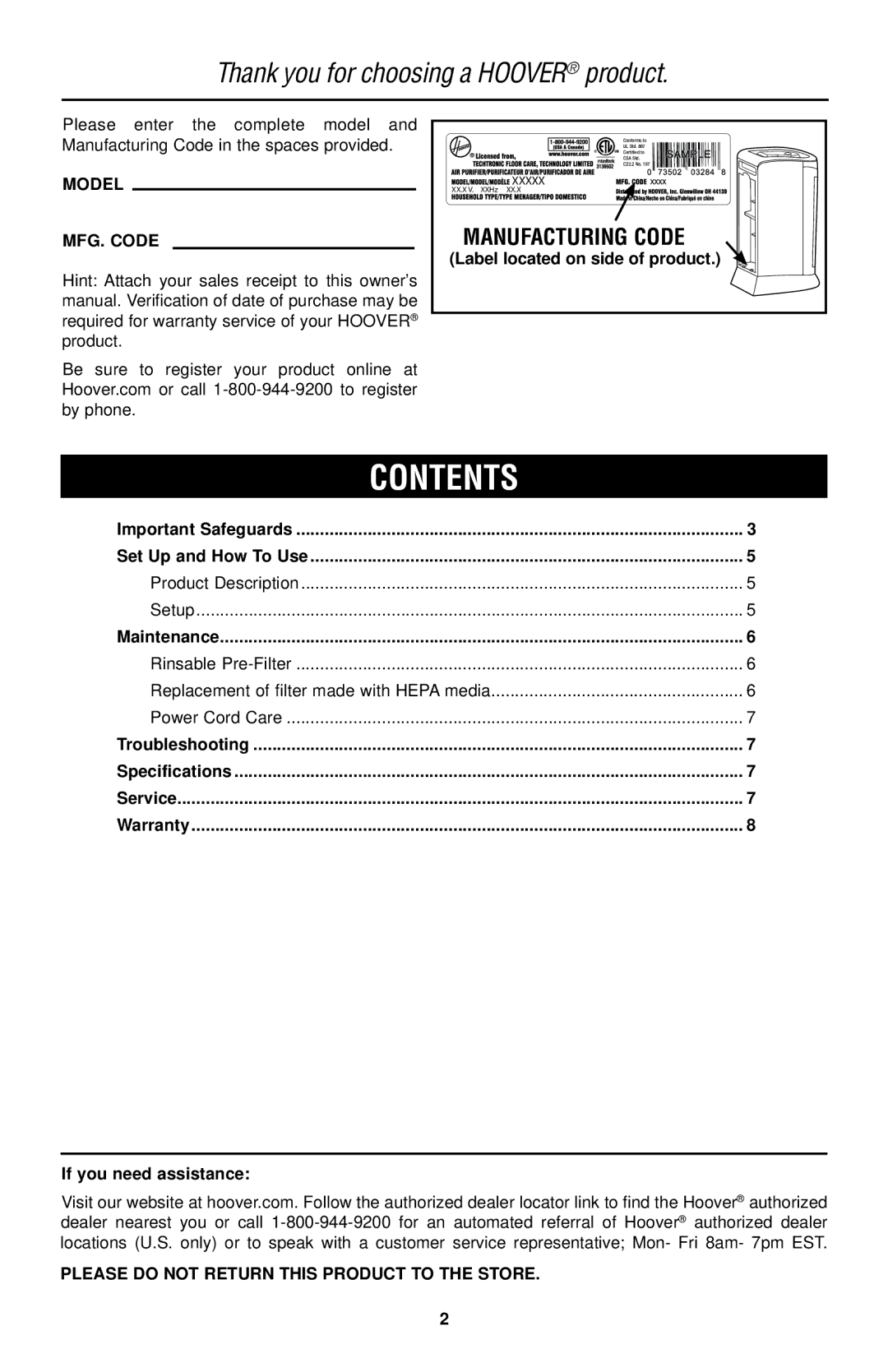 Hoover WH10100 owner manual Contents 