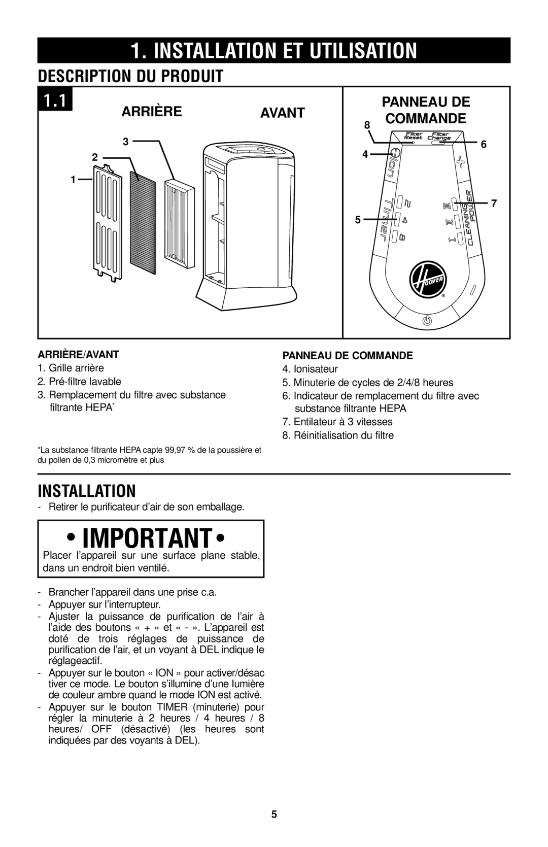 Hoover WH10100 owner manual Installation ET Utilisation, Description DU Produit, Arrière Avant Panneau DE Commande 