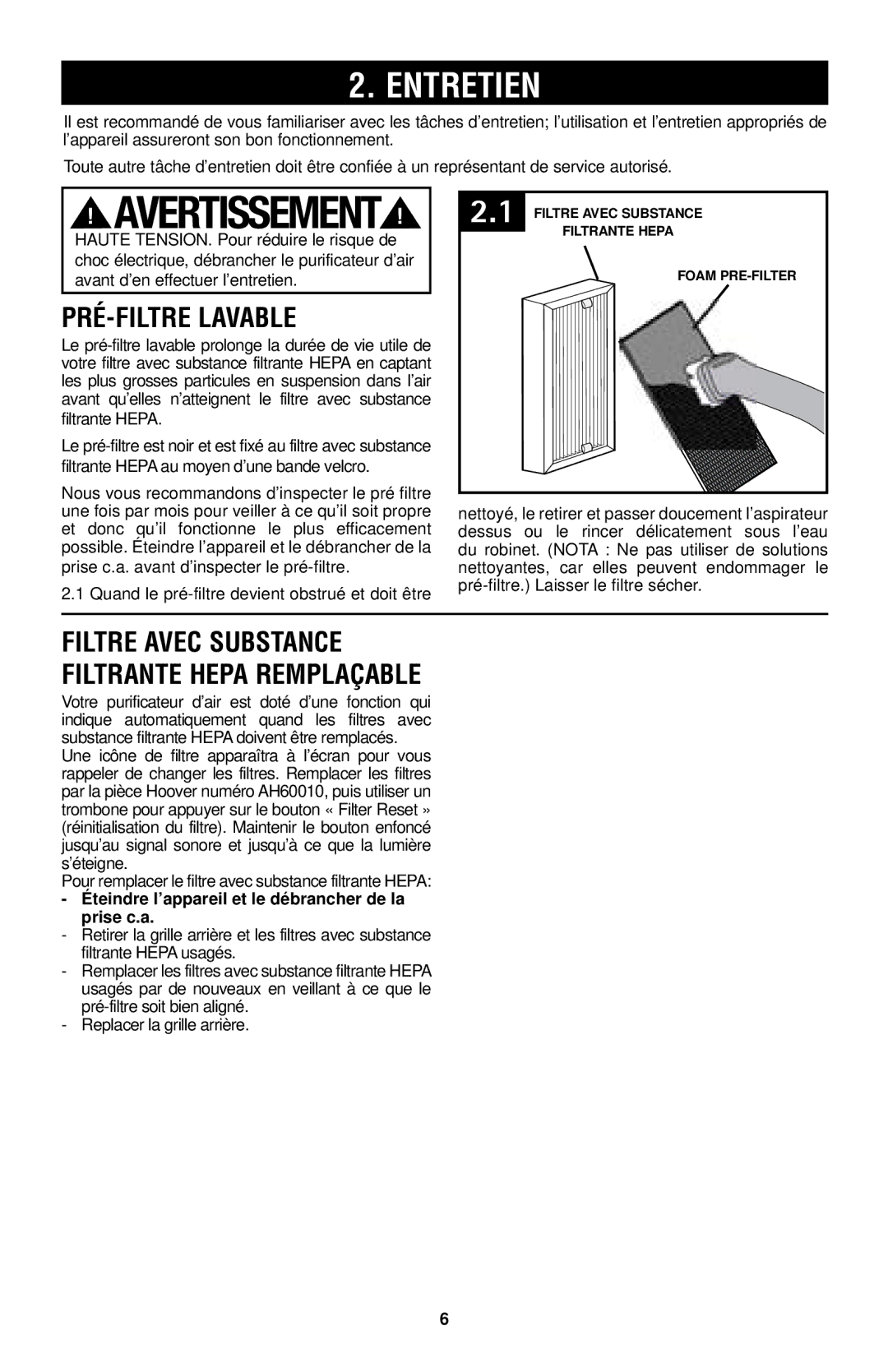 Hoover WH10100 owner manual Entretien, Pré-filtre lavable, Filtre aveC substanCe filtrante HePa reMPlaçable 