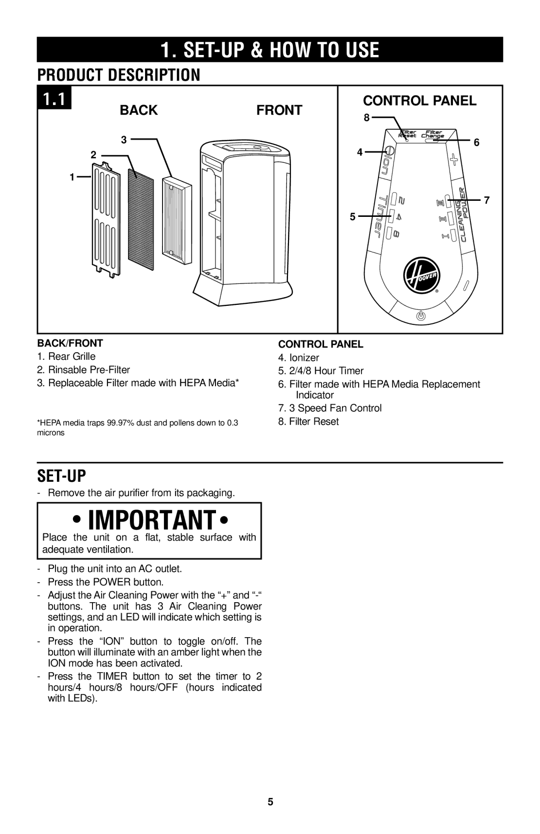 Hoover WH10100 SET-UP & HOW to USE, Product Description, Set-up, Back Front Control Panel, BACK/FRONT Control Panel 