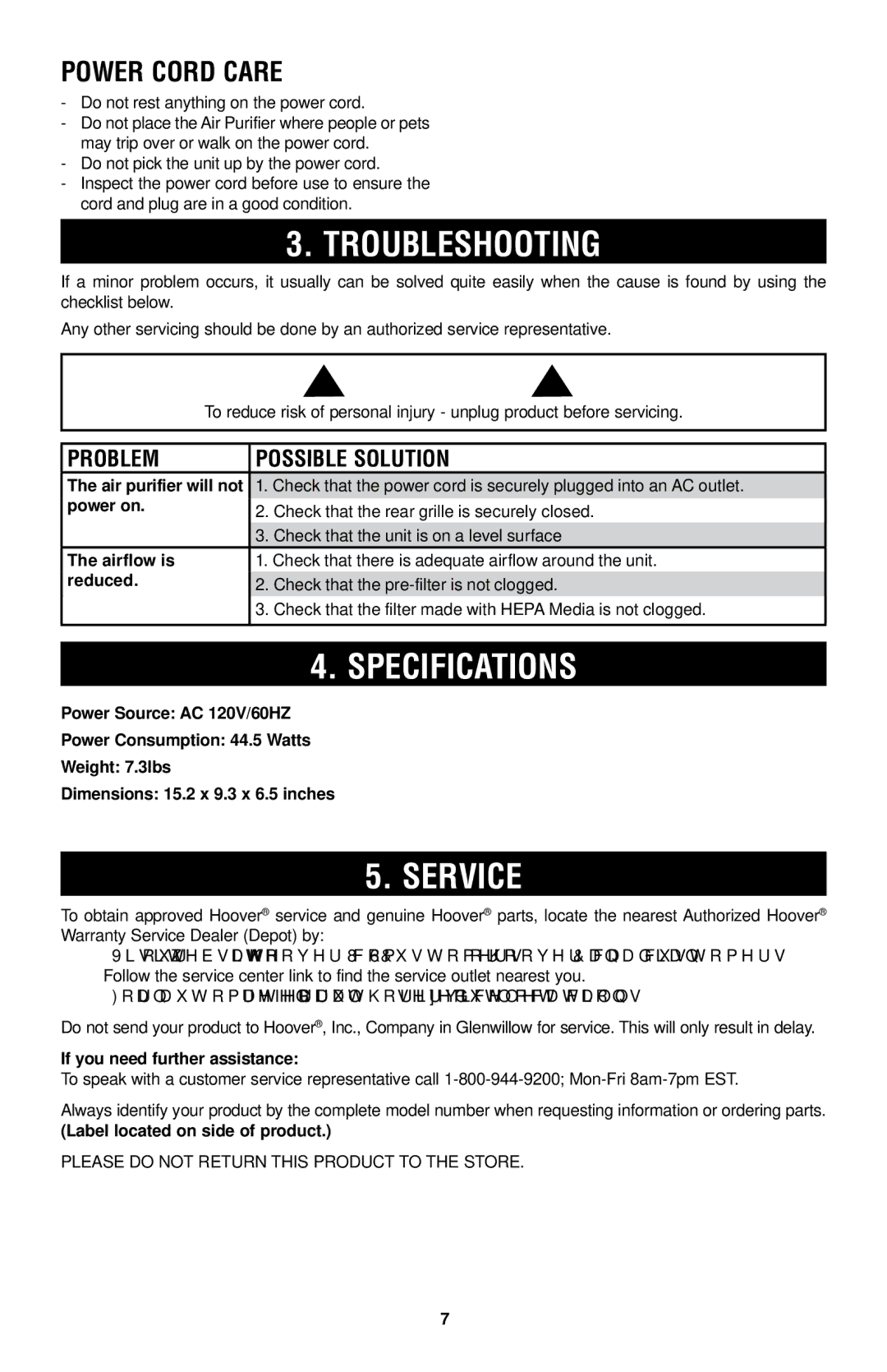 Hoover WH10100 owner manual Troubleshooting, Specifications, Service, Power Cord Care, Problem Possible Solution 