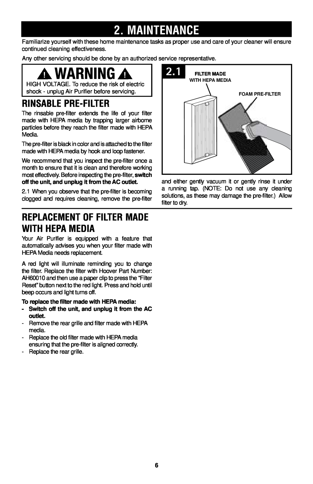 Hoover WH10100 owner manual MaintenanCe, rinsable Pre-filter, rePlaCeMent of filter Made witH HePa Media 