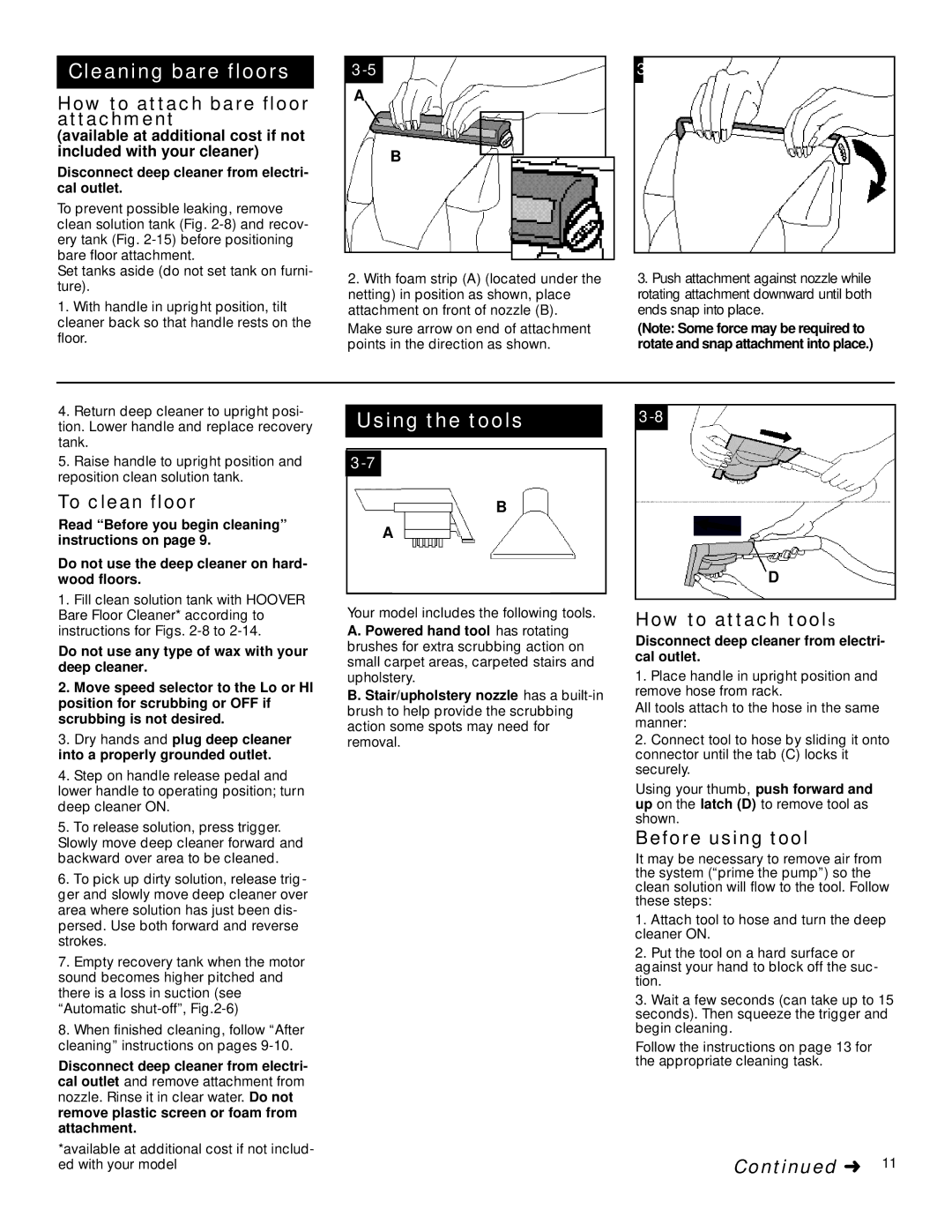 Hoover TurboPOWER, Widepath How to attach bare floor attachment, To clean floor, How to attach tools, Before using tool 