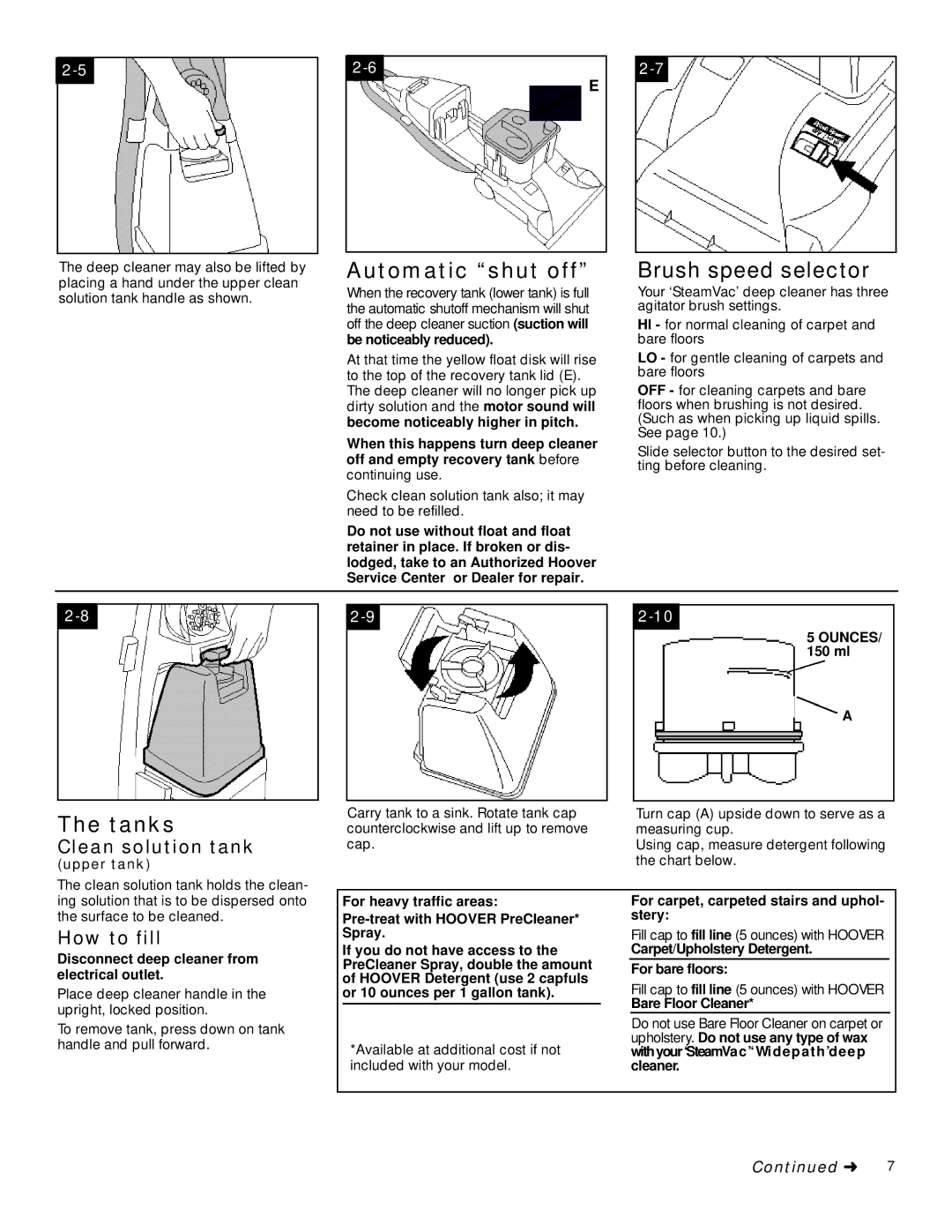 Hoover TurboPOWER, Widepath manual Automatic shut off, Brush speed selector, Tanks, Clean solution tank, How to fill 