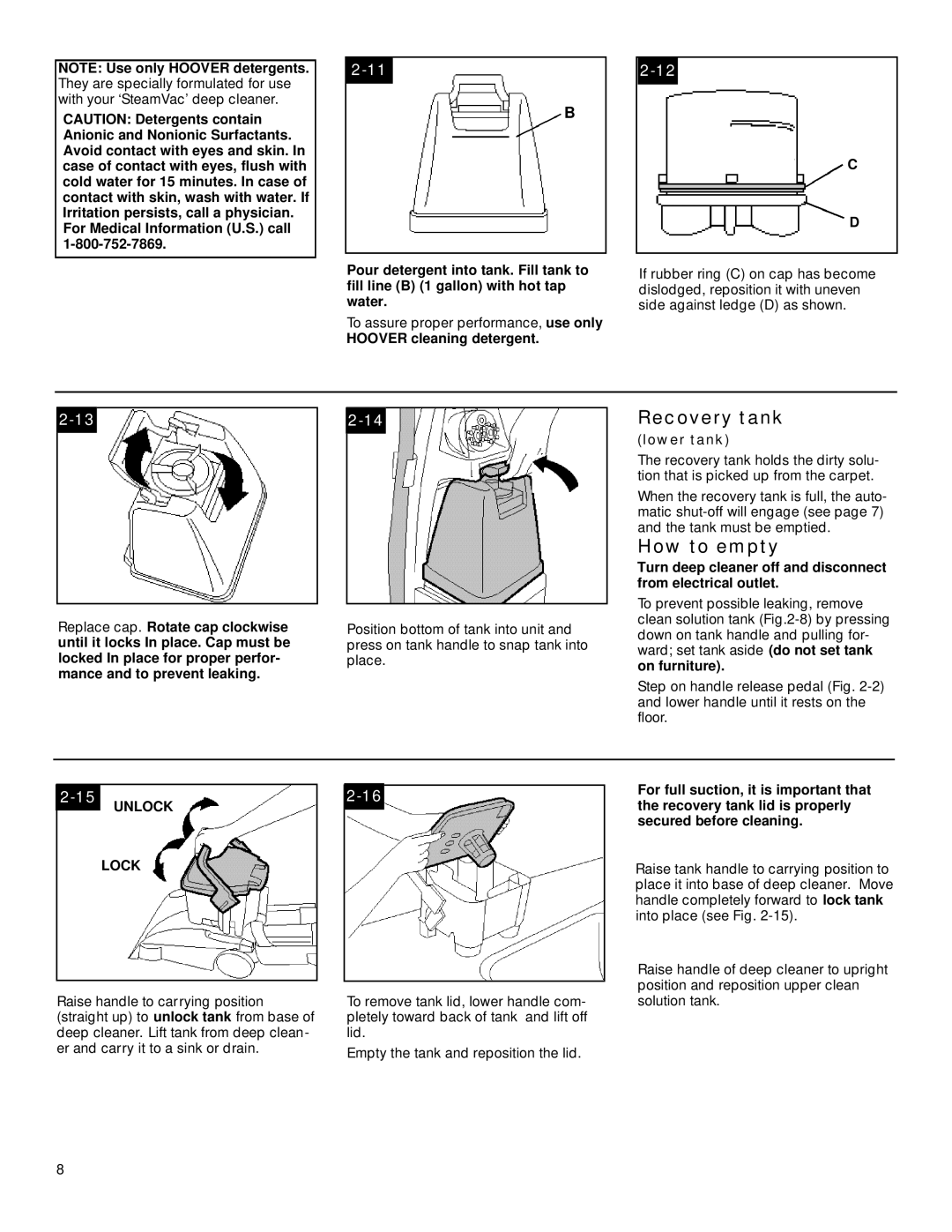 Hoover Widepath, TurboPOWER manual Recovery tank, How to empty, Hoover cleaning detergent, Lower tank 