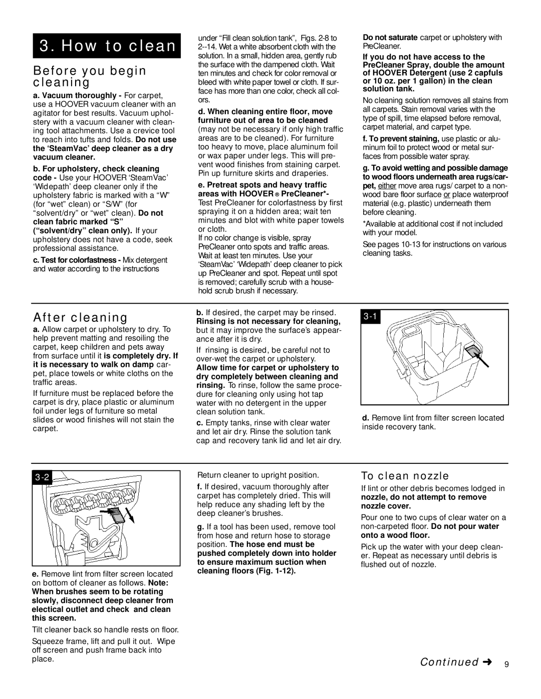 Hoover TurboPOWER, Widepath manual How to clean, Before you begin cleaning, After cleaning, To clean nozzle 