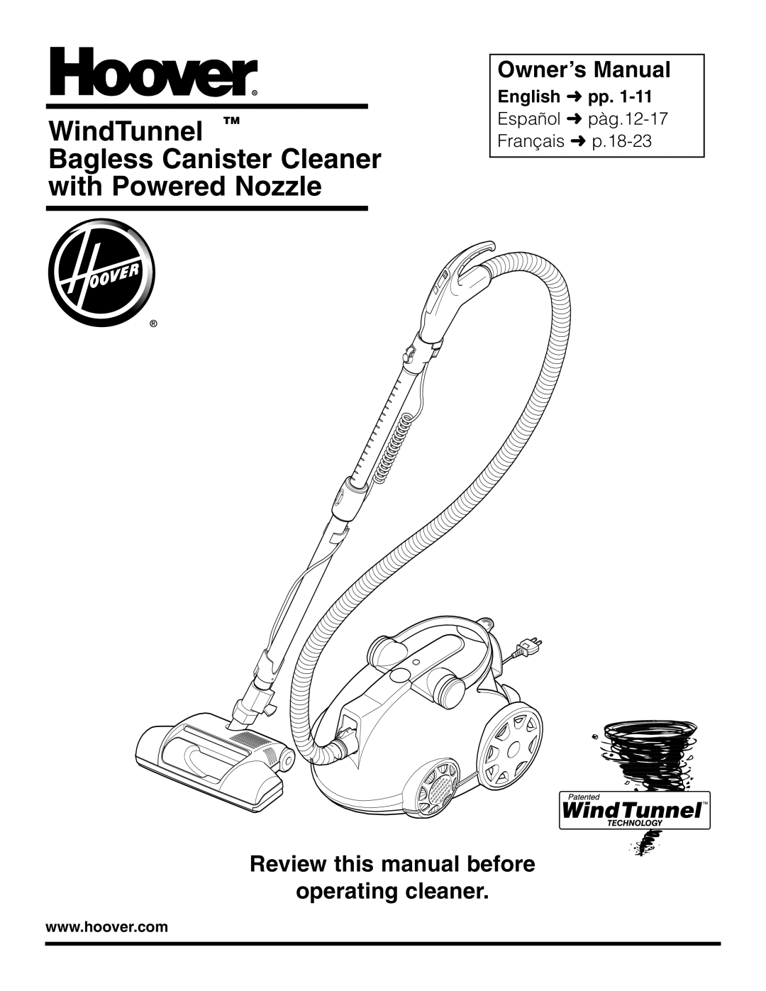 Hoover Wind Tunnel Bagless Canister Cleaner owner manual WindTunnel TM Bagless Canister Cleaner with Powered Nozzle 