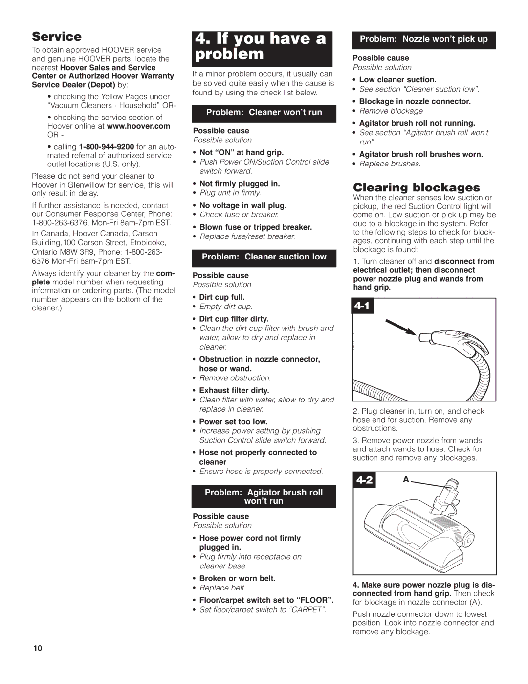 Hoover Wind Tunnel Bagless Canister Cleaner owner manual If you have a problem, Service, Clearing blockages 