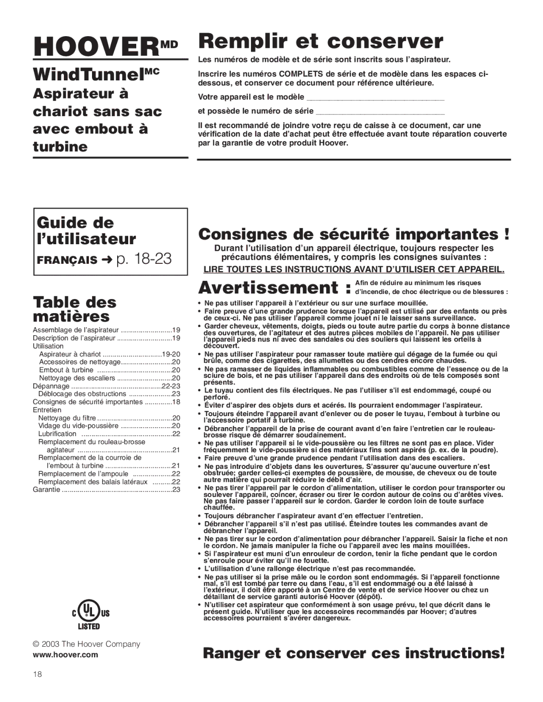 Hoover Wind Tunnel Bagless Canister Cleaner Guide de l’utilisateur, Table des Matières, Consignes de sécurité importantes 