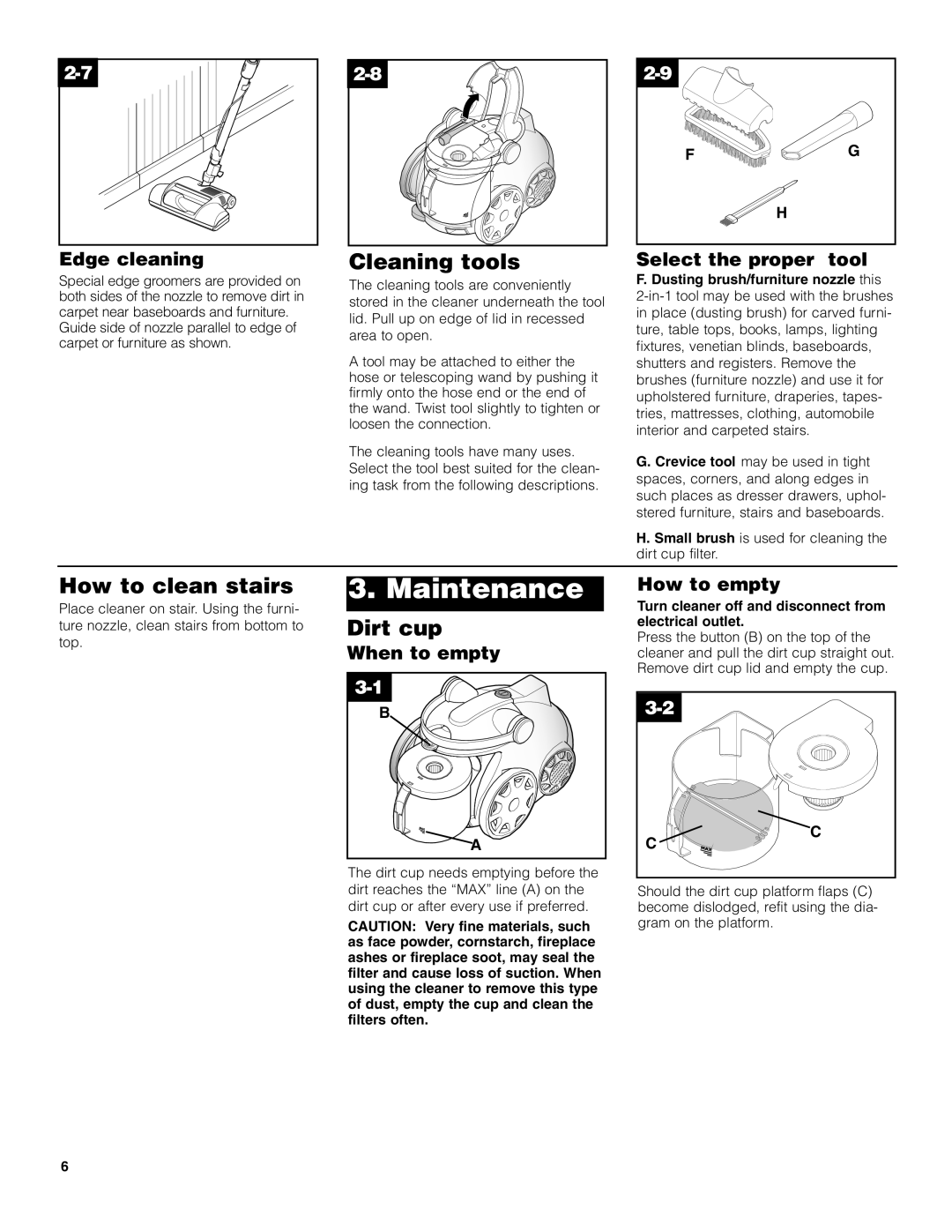 Hoover Wind Tunnel Bagless Canister Cleaner owner manual Maintenance, Cleaning tools, How to clean stairs, Dirt cup 