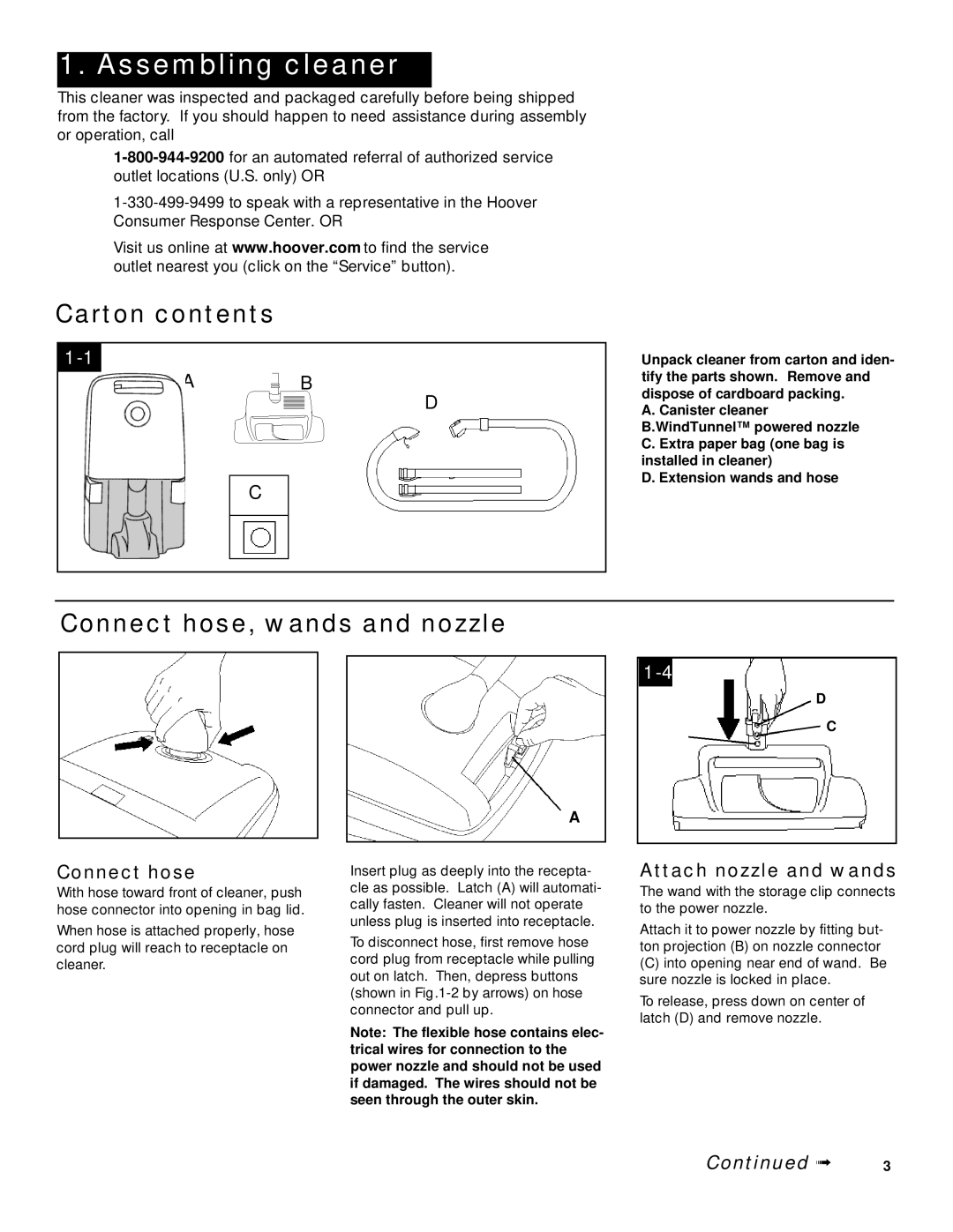 Hoover Wind Tunnel Canister Cleaner with Powered Hand Tool owner manual Assembling cleaner, Carton contents 