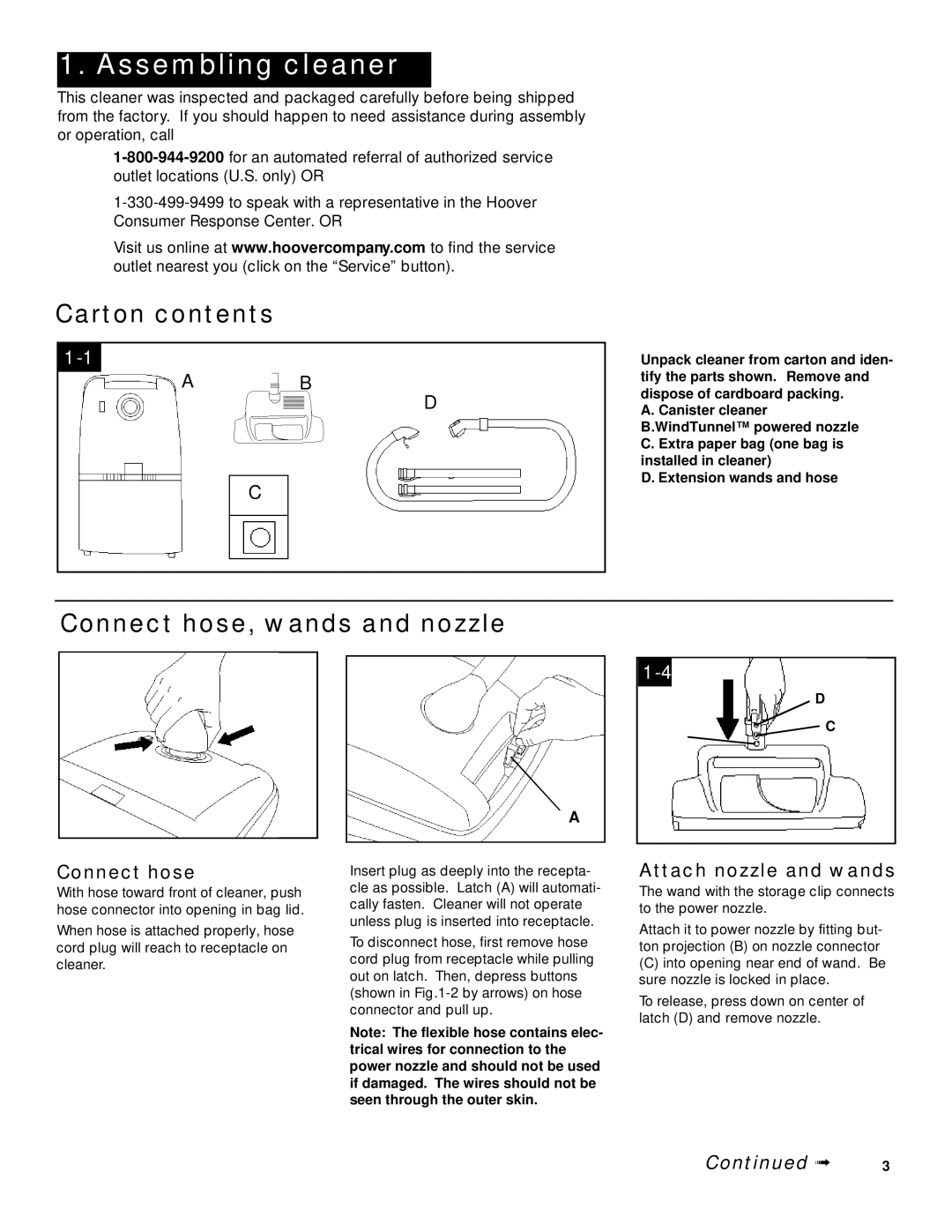 Hoover Wind Tunnel Canister Cleaner with Powered Nozzle owner manual Assembling cleaner, Carton contents 