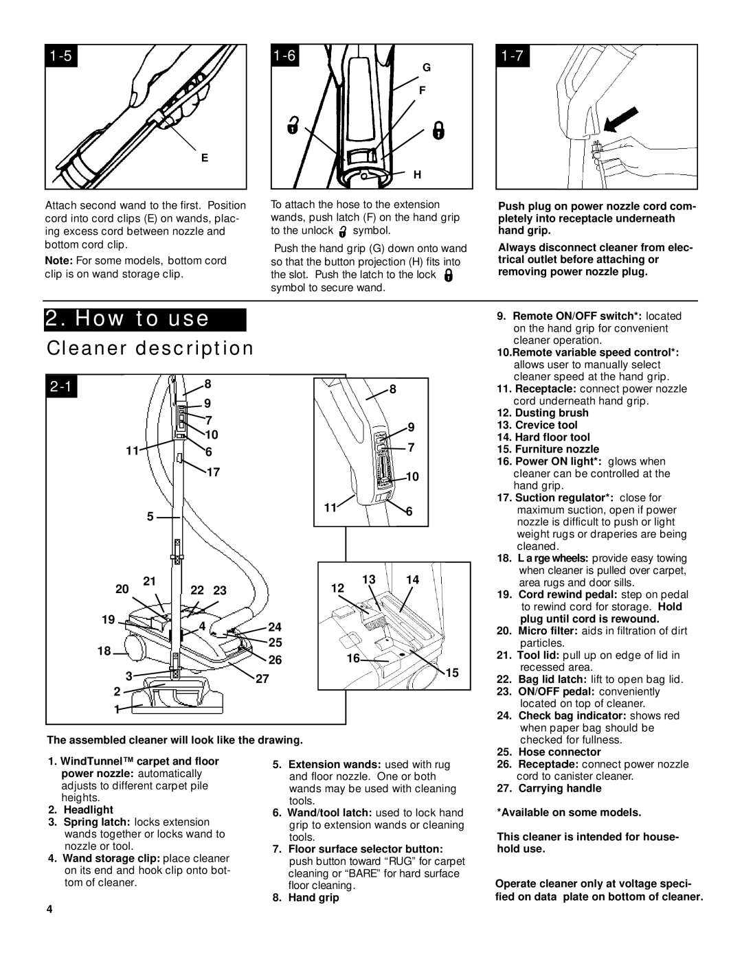 Hoover Wind Tunnel Canister Cleaner with Powered Nozzle owner manual How to use, Cleaner description, 424 