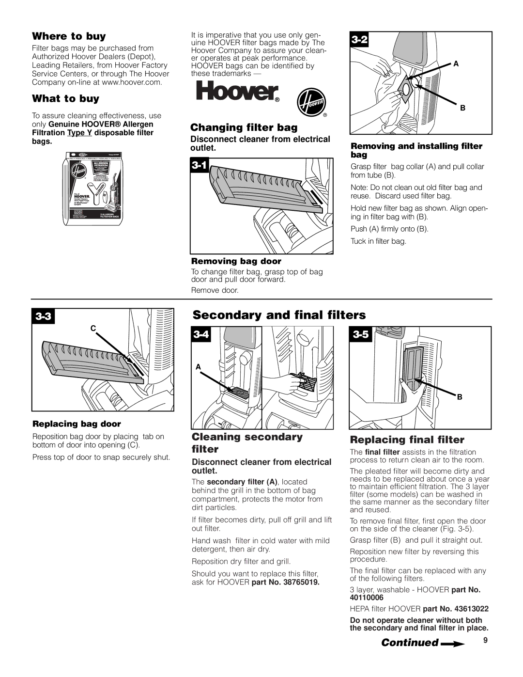 Hoover Wind Tunnel vacuum cleaner manual Secondary and final filters, Where to buy What to buy, Changing filter bag 