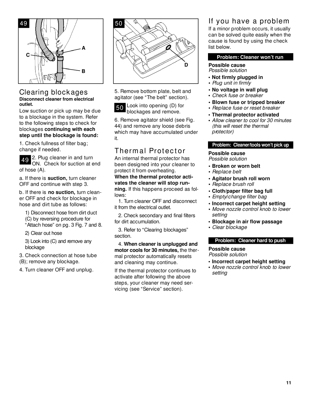 Hoover Wind Tunnel warranty Clearing blockages, Thermal Protector, If you have a pro b l e m 