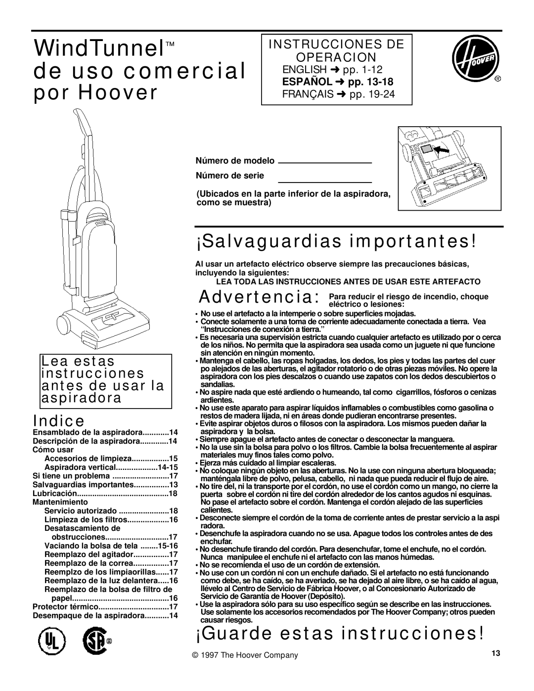 Hoover Wind Tunnel warranty Indice, Lea estas instrucciones antes de usar la aspiradora 