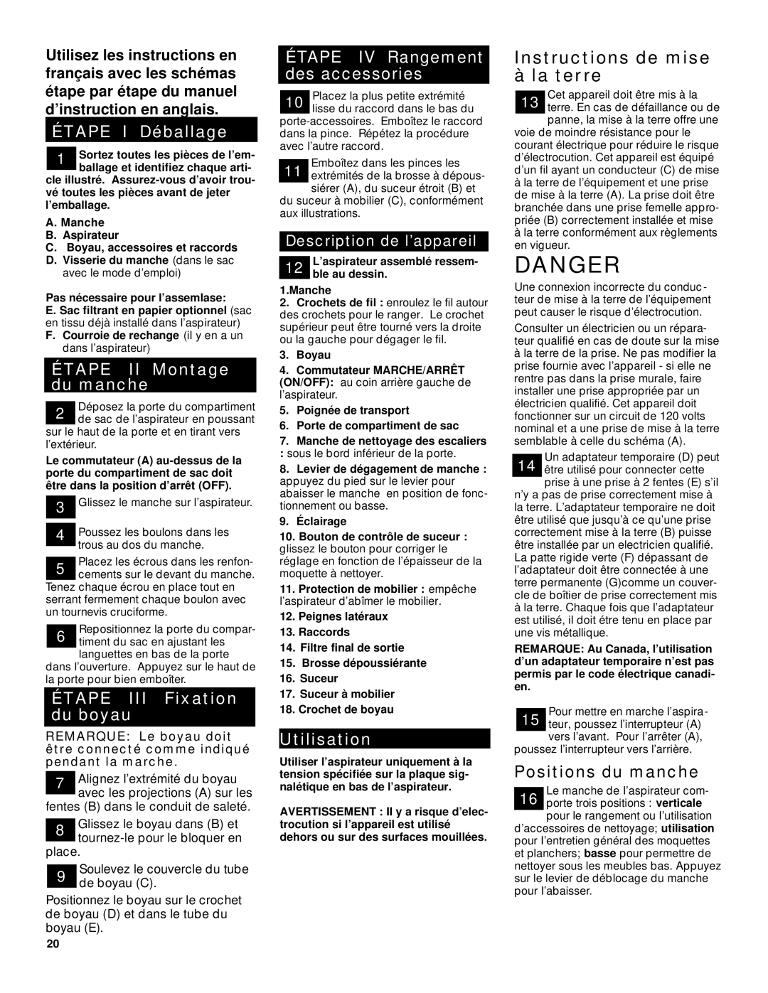 Hoover Wind Tunnel Instructions de mise à la terre, Positions du manche, ’aspirateur assemblé ressem Ble au dessin Manche 