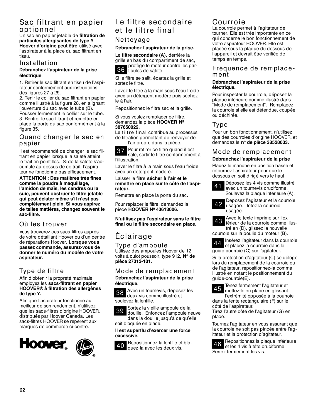 Hoover Wind Tunnel warranty Sac filtrant en papier optionnel, Le filtre secondaire et le filtre final, Éclairage, Courroie 