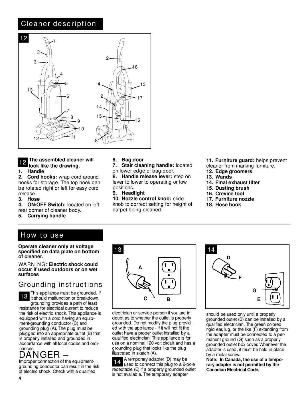 Hoover Wind Tunnel warranty Cleaner description, How to use, Assembled cleaner will look like the drawing Handle, Hose 