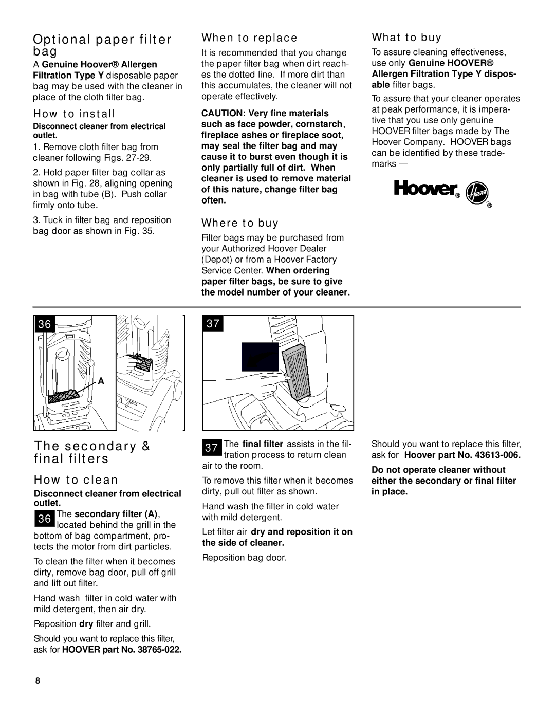 Hoover Wind Tunnel warranty Optional paper filter bag, Secondary & final filters, How to clean 