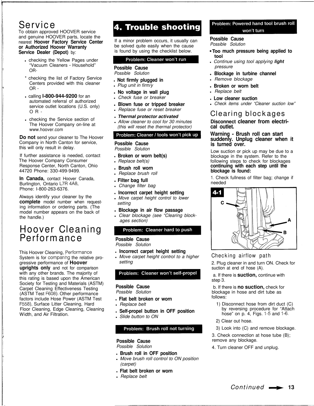 Hoover WindTunnel warranty Service, Clearing blockages, Disconnect cleaner from electri- cal outlet, Checking airflow path 