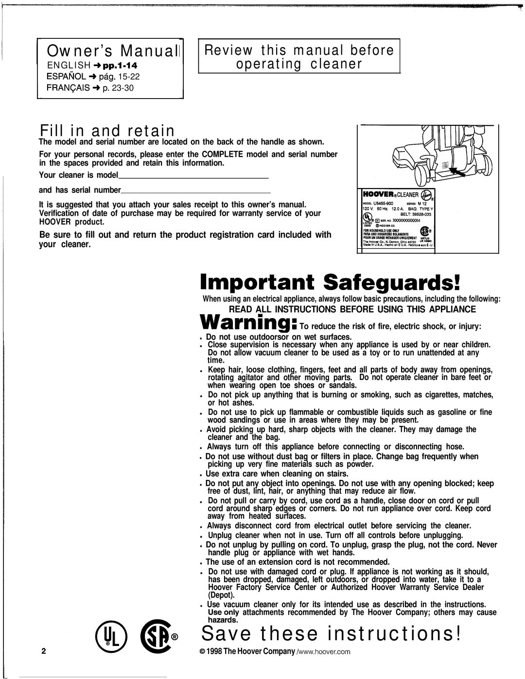 Hoover WindTunnel warranty Fill in and retain, Review this manual before Operating cleaner, English + pp.l-14 