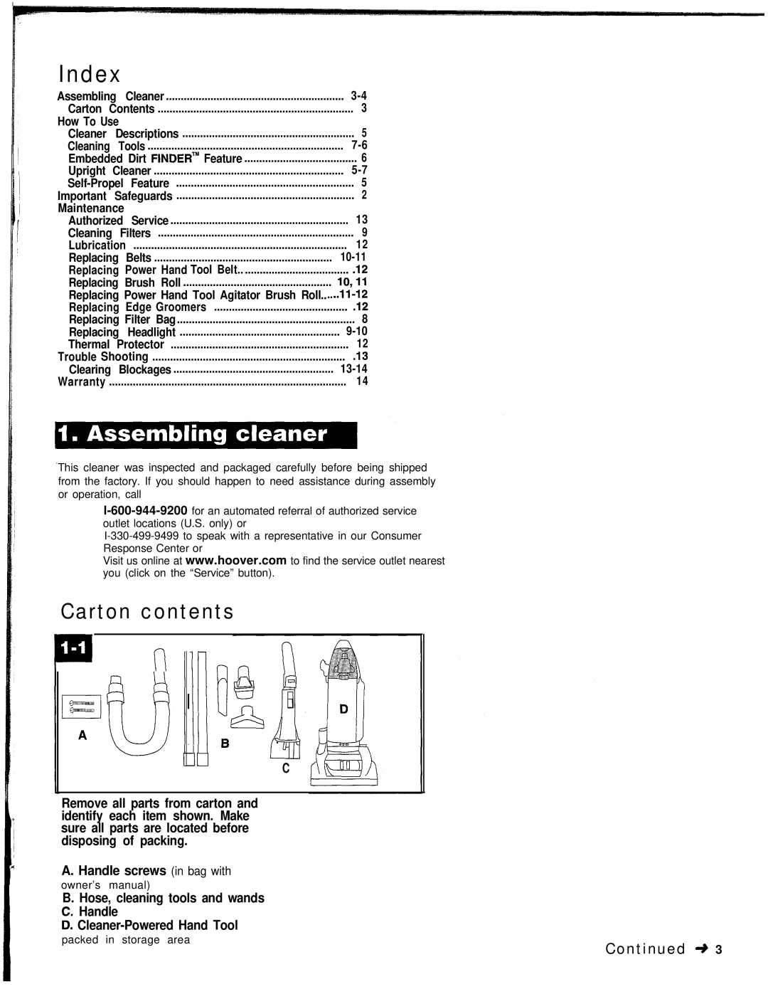 Hoover WindTunnel warranty Index, Carton contents 