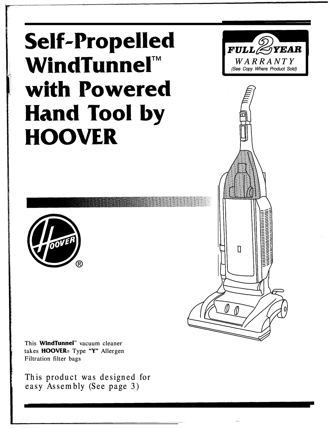 Hoover warranty Self-Propelled WindTunnel’” with Powered Hand Tool by HOOVER, Warranty, See Copy Where Product Sold 