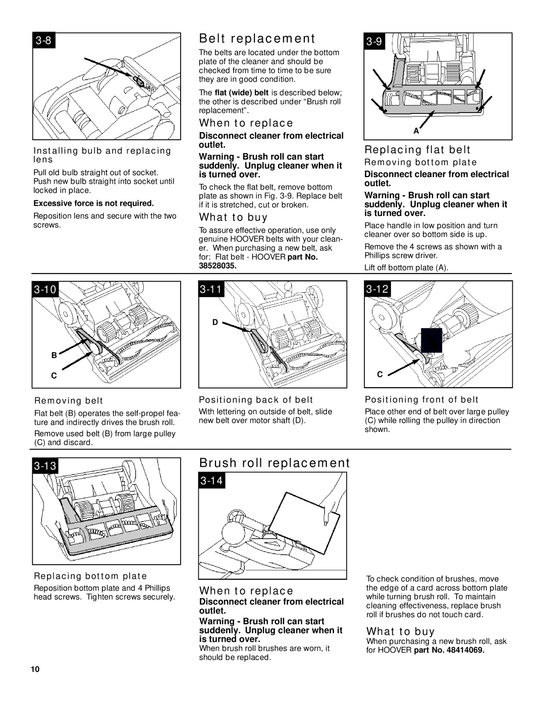 Hoover WindTunnelTM Belt replacement, Replacing flat belt, Installing bulb and replacing lens, Replacing bottom plate 