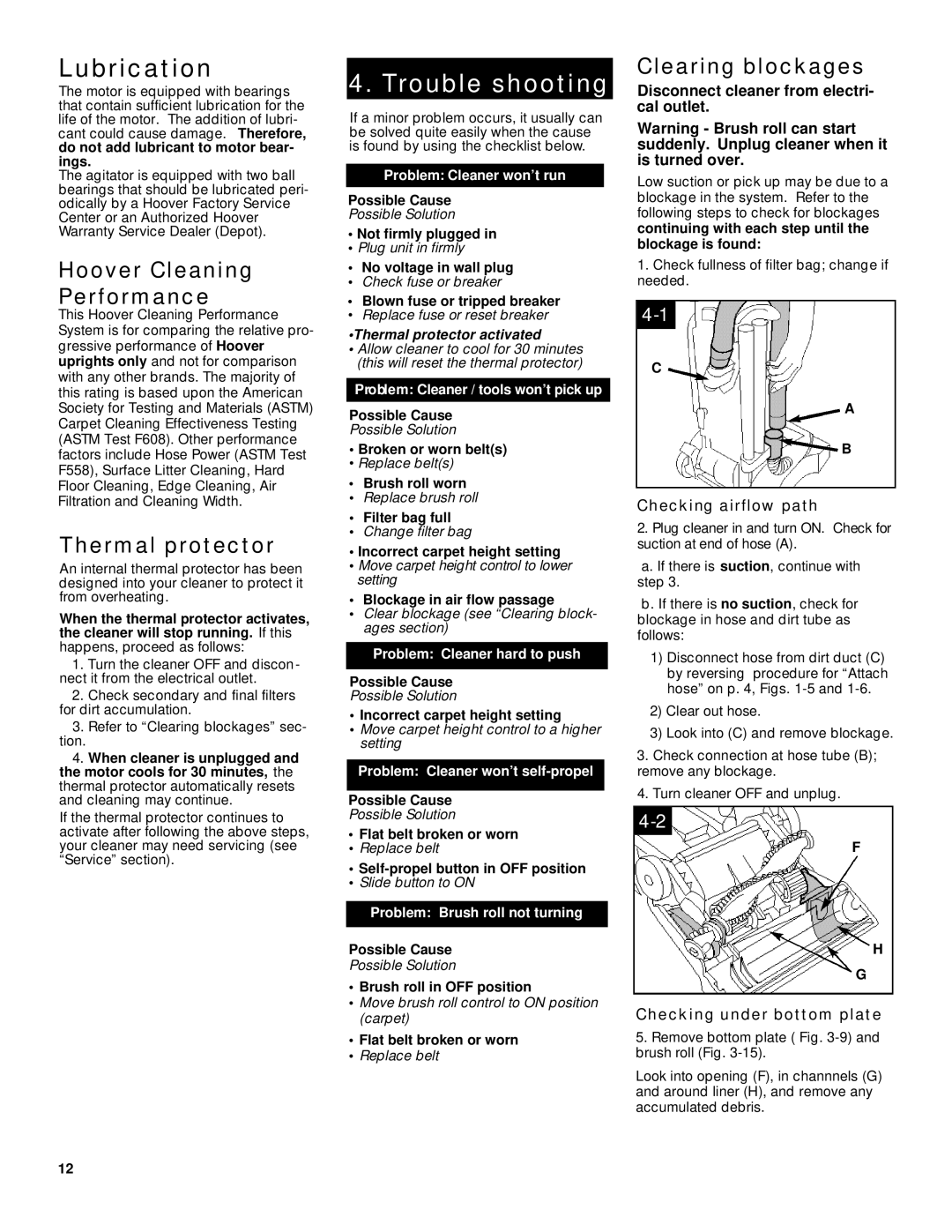 Hoover WindTunnelTM manual Lubrication, Hoover Cleaning Performance, Thermal protector, Clearing blockages 