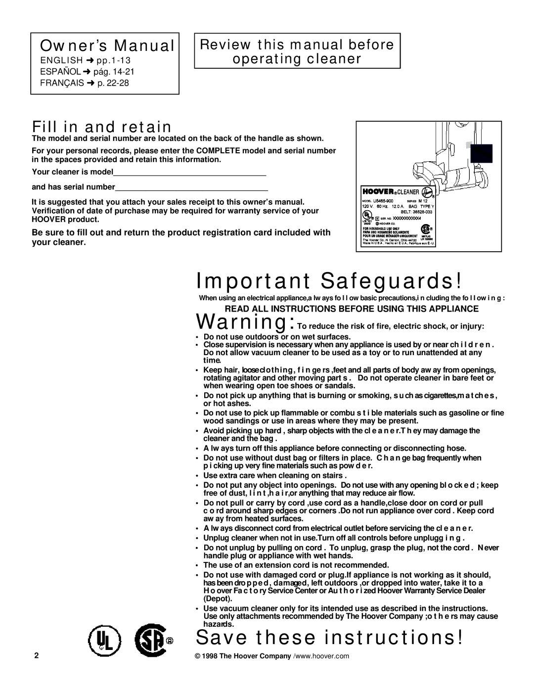 Hoover WindTunnelTM manual Fill in and retain, English pp.1-13operating cleaner 