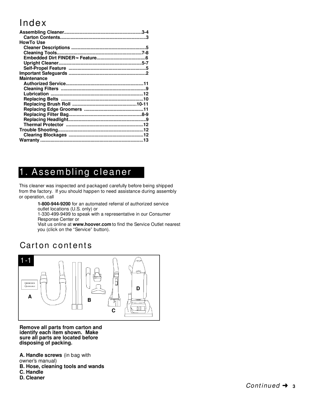 Hoover WindTunnelTM manual Index, Carton contents 