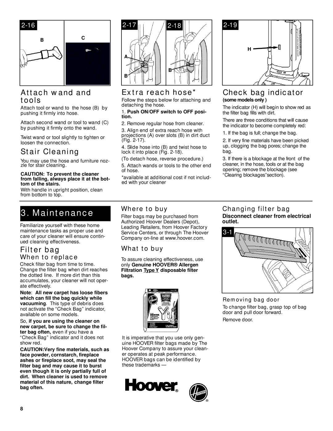 Hoover WindTunnelTM manual Attach wand and tools, Stair Cleaning, Extra reach hose, Check bag indicator, Filter bag 