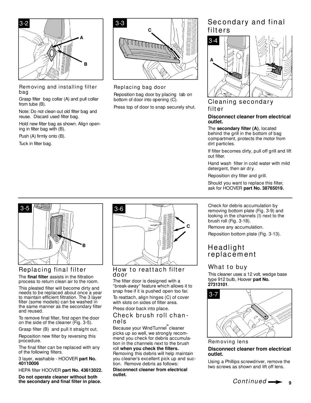 Hoover WindTunnelTM manual Secondary and final filters, Headlight, Replacement 