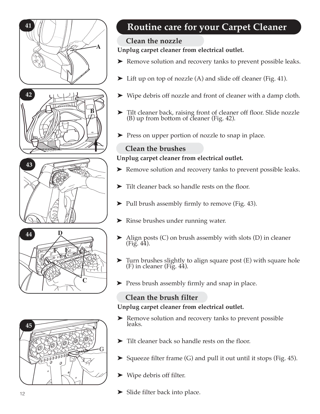 Hoover Y Series manual Routine care for your Carpet Cleaner, Clean the nozzle, Clean the brushes, Clean the brush filter 