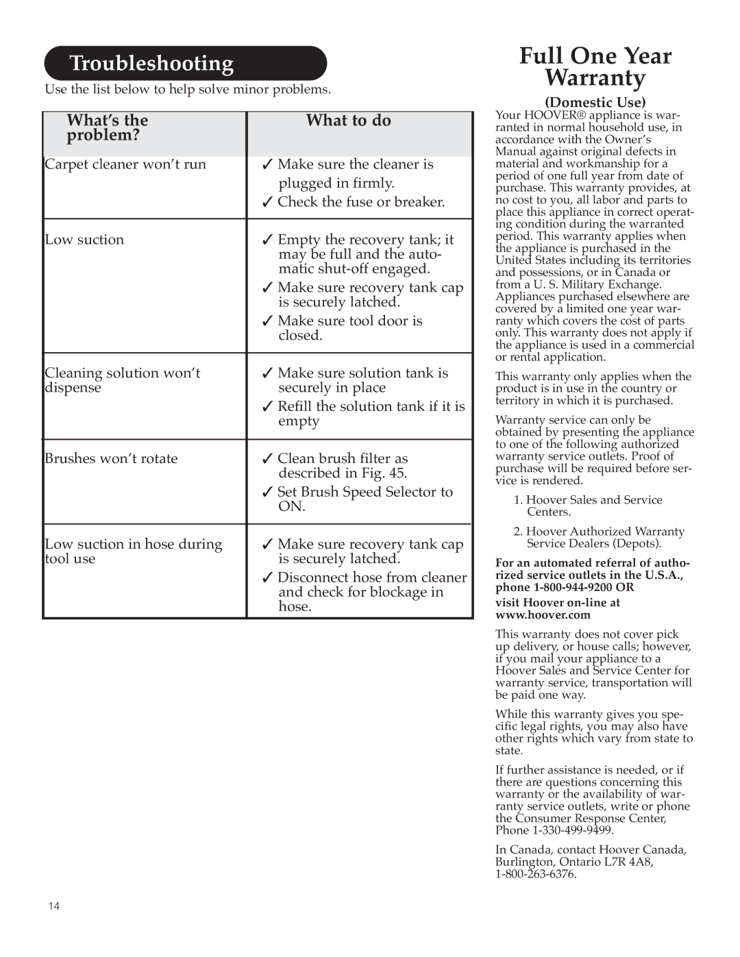 Hoover Y Series manual Troubleshooting, What’s What to do Problem?, Domestic Use 