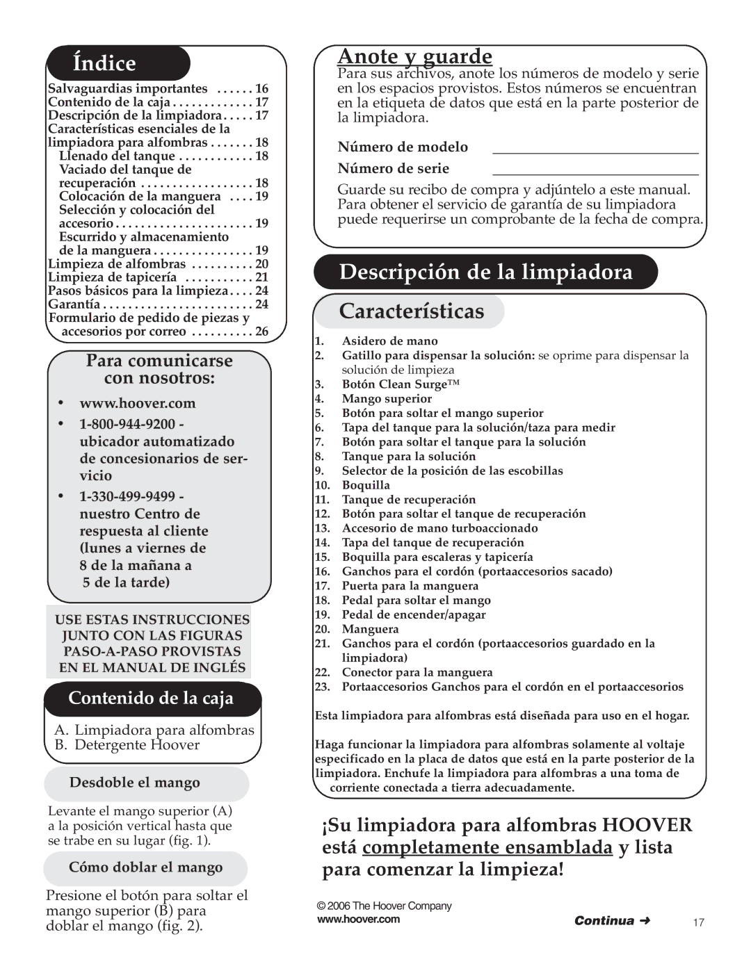 Hoover Y Series Índice, Descripción de la limpiadora Características, Desdoble el mango, Número de modelo Número de serie 